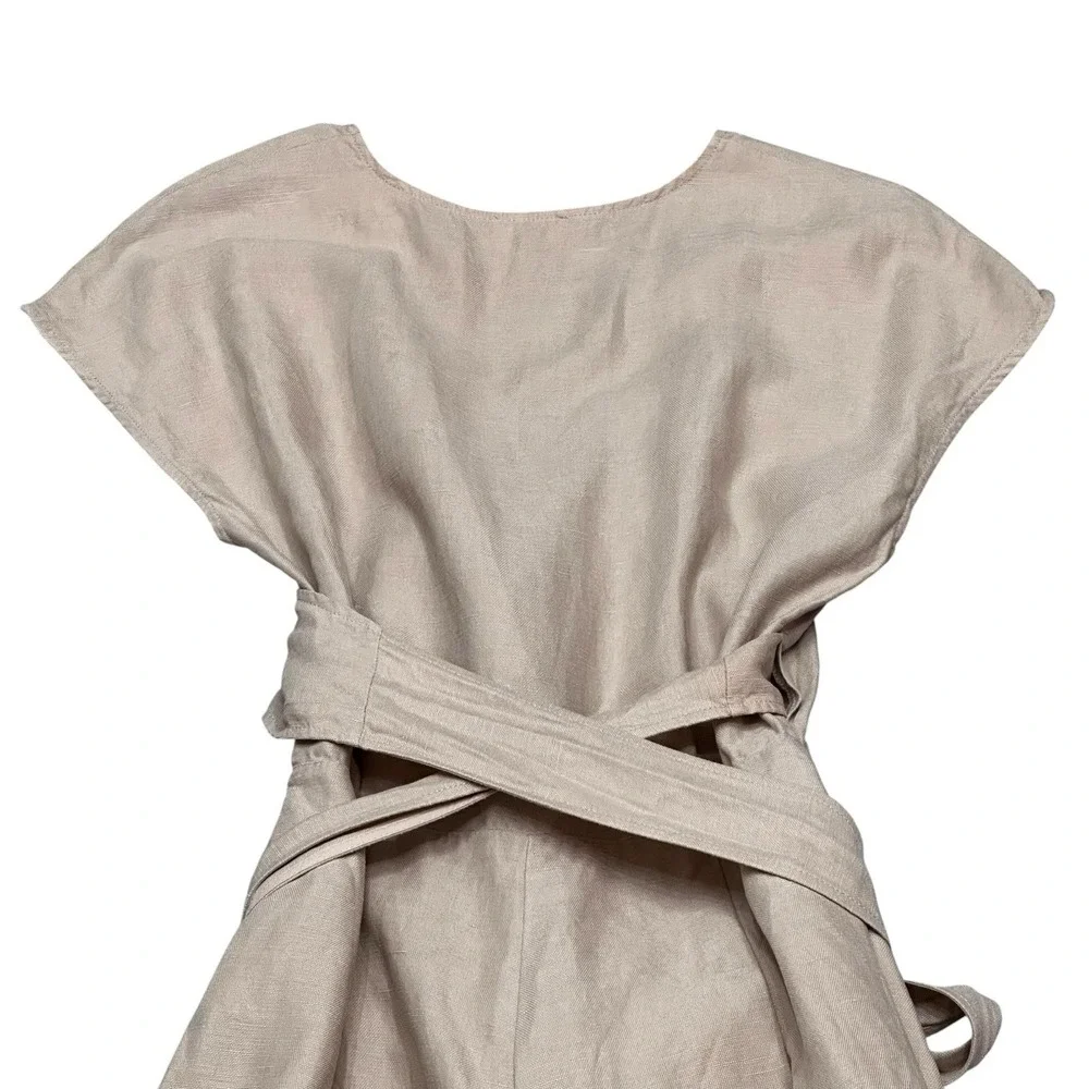 Wilfred Brax Jumpsuit Beige Size 8 Linen Blend Wide Legs Wrap Front Tie Waist